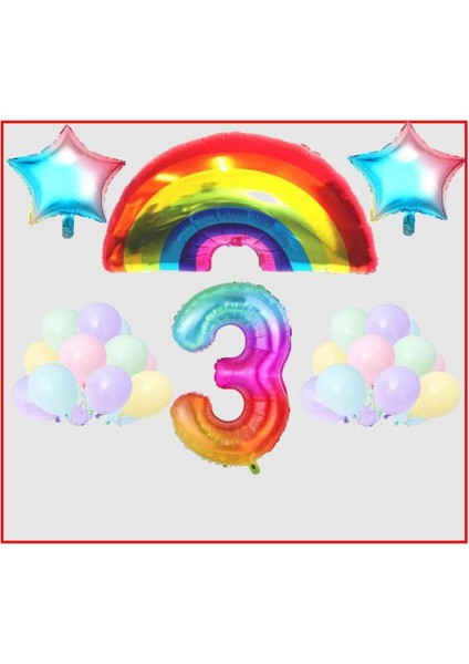 Gökkuşağı Yıldız Temalı Makaron Balon 3 Yaş Doğum Günü Parti Seti