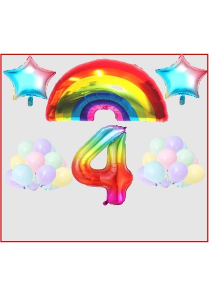 Gökkuşağı Yıldız Temalı Makaron Balon 4 Yaş Doğum Günü Parti Seti