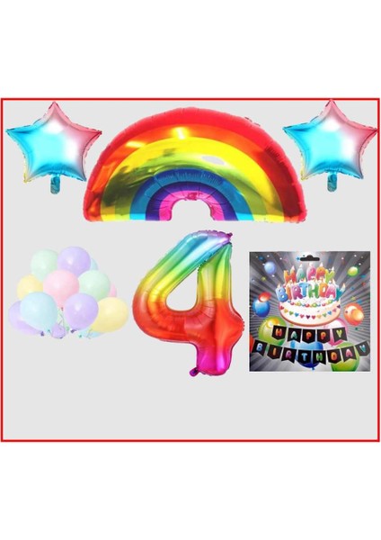 Gökkuşağı Yıldız Makaron Balon Banner Temalı 4 Yaş Doğum Günü Parti Seti
