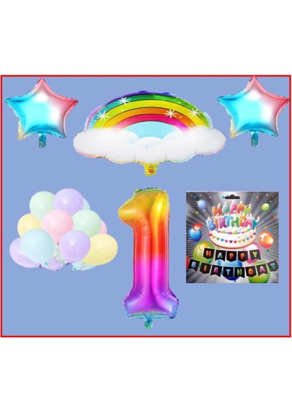 Bulutlu Gökkuşağı Yıldız Makaron Balon Banner Temalı 1 Yaş Doğum Günü Parti Seti