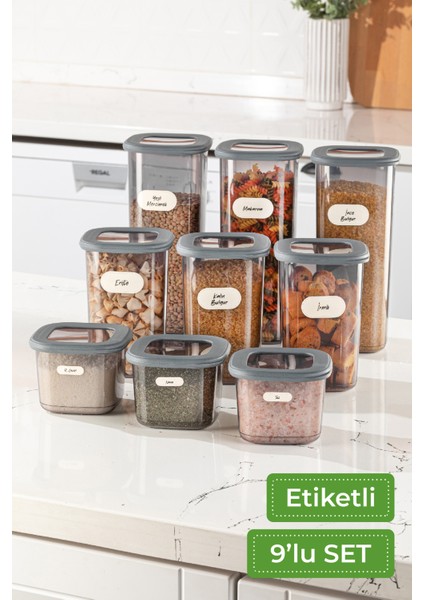Etiketli Kare Erzak Saklama Kabı 9'lu Set 3x(0,55 Litre, 1,2 Litre, 1,75 Litre) Antrasit