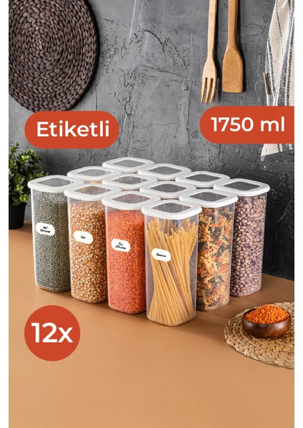 Etiketli Kare Erzak Saklama Kabı 12'li Set Büyük Boy 1,75 Litre Beyaz