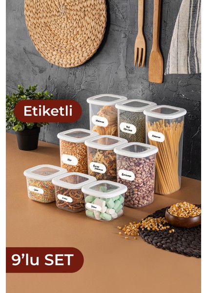 Etiketli Kare Erzak Saklama Kabı 9'lu Set 3x(0,55 Litre, 1,2 Litre, 1,75 Litre) Beyaz