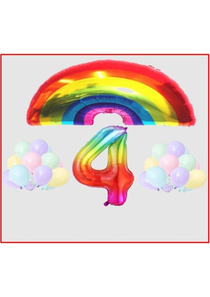 Gökkuşağı Temalı Makaron Balon 4 Yaş Doğum Günü Parti Seti