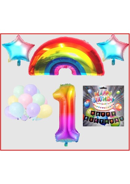 Gökkuşağı Yıldız Makaron Balon Banner Temalı 1 Yaş Doğum Günü Parti Seti