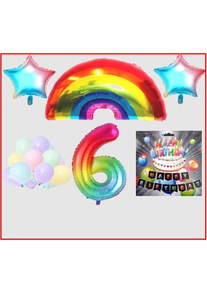 Gökkuşağı Yıldız Makaron Balon Banner Temalı 6 Yaş Doğum Günü Parti Seti