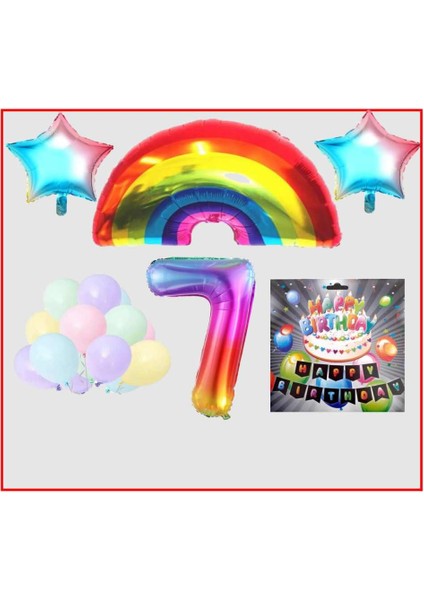 Gökkuşağı Yıldız Makaron Balon Banner Temalı 7 Yaş Doğum Günü Parti Seti