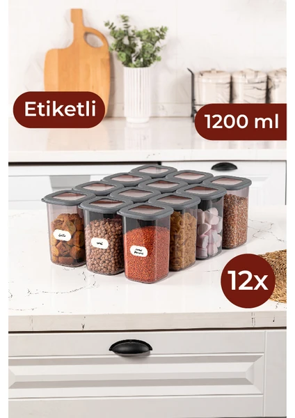 Etiketli Kare Erzak Saklama Kabı 12'li Set Orta Boy 1,2 Litre Antrasit