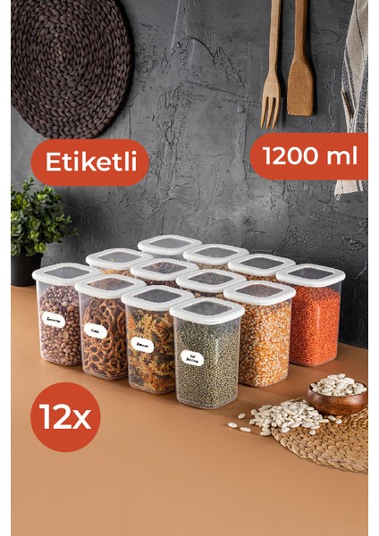 Etiketli Kare Erzak Saklama Kabı 12'li Set Orta Boy 1,2 Litre Beyaz