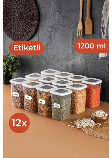 Etiketli Kare Erzak Saklama Kabı 12'li Set Orta Boy 1,2 Litre Beyaz