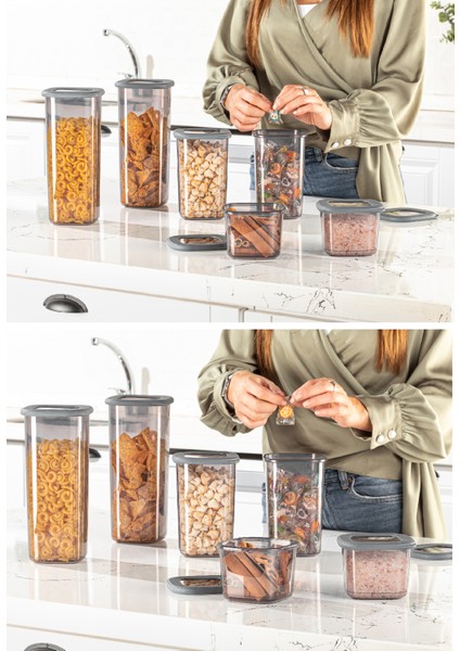 Etiketli Kare Erzak Saklama Kabı 9'lu Set 3x(0,55 Litre, 1,2 Litre, 1,75 Litre) Antrasit