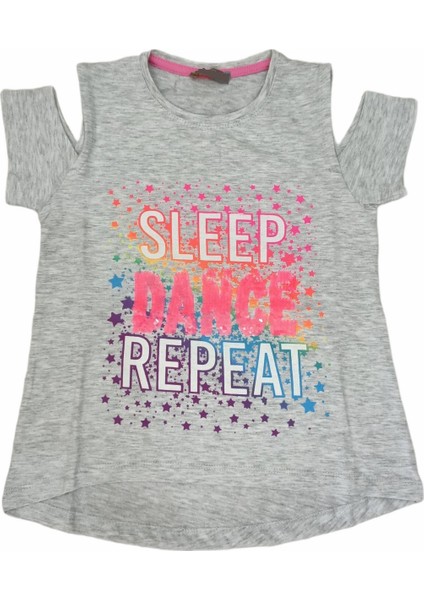 Kız Çocuk Yazı Desenli Pullu Omuz Detaylı Tişört