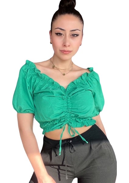 Pikka Online Kadın Büzgülü Ayarlanabilir Spor Şık Kayık Yaka Croptop Bluz