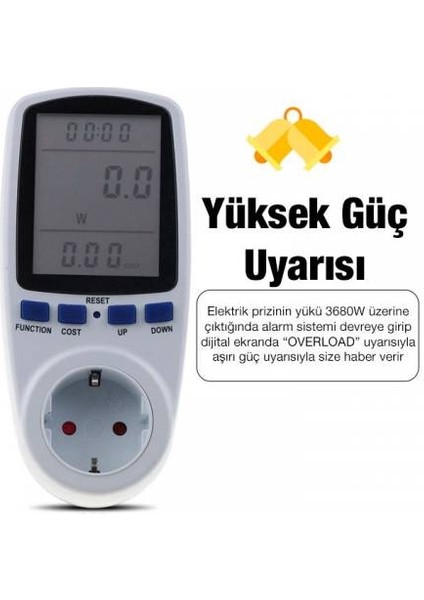 Wattmetre Enerji Tüketim Ölçer Priz Yüksek Güç Uyarıcılı Sarfiyat Ölçer Ölçüm Priz 230V-3680W