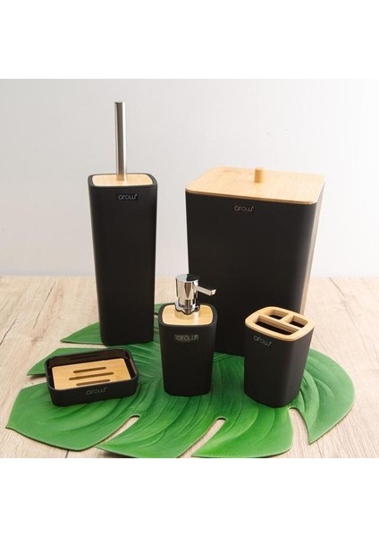 5 Parça Bambu Kapaklı Akrilik Banyo Seti