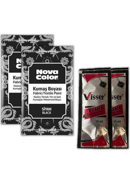 Siyah Kumaş Boyası Toz 12 gr 2 Adet Kumaş Sabitleyici Fiske 15 ml 2 Adet Toz Kumaş Boyası Siyah Kot Pantalon Gömlek Tişört Tekstil Kumaş Boyası 2 Adet
