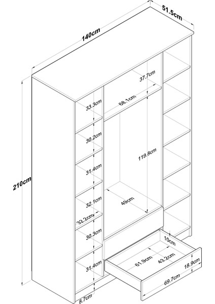 BA112 Geniş Gardırop Elbise Dolabı 4 Kapaklı 2 Çekmeceli 13 Raflı 1 Askılı Sepet Ceviz - Beyaz