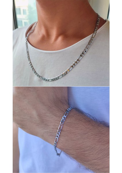 Çelik Silver Figaro Model Yassı Zincir Erkek Kolye ve Bileklik Set Kombin
