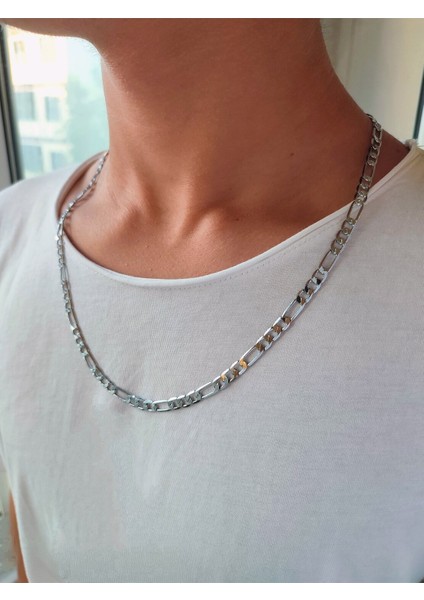 Çelik Silver Figaro Model Yassı Zincir Erkek Kolye ve Bileklik Set Kombin modelleri