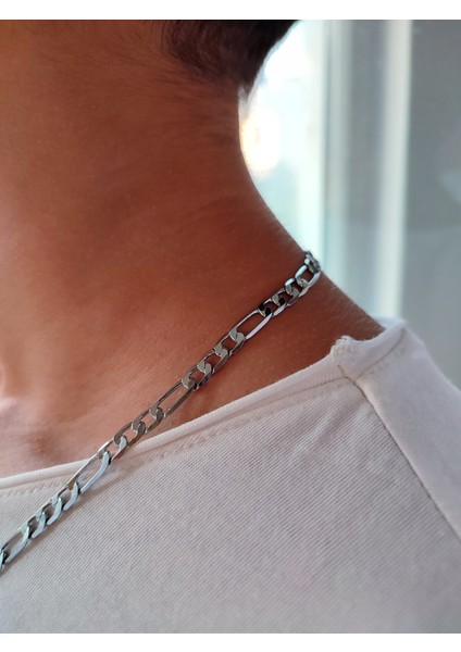 Çelik Silver Figaro Model Yassı Zincir Erkek Kolye ve Bileklik Set Kombin indirimleri