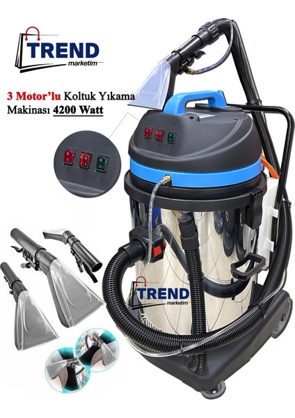 3 Motor'lu Koltuk Yıkama Makinası 3 Emiş 1 Püskürtme 4200 Watt