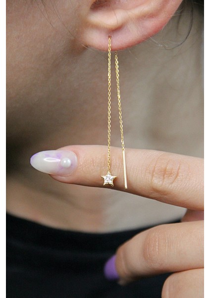 Altın Kaplamalı 925 Ayar Gümüş Yıldız Figürlü Zincir Küpe - K097801 fiyatları