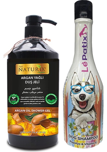 Köpek Şampuanı Tüy Dökülme ve Topaklanma Koku Papatya Özlü Pet Şampuan 400 ml + Naturix Argan Yağlı Duş Jeli 1000 ml