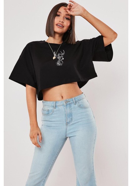 Geyik Basıkılı Siyah Oversize Crop T-Shırt fiyatları