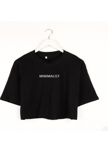 Minimalıst Basıkılı Siyah Oversize Crop T-Shırt