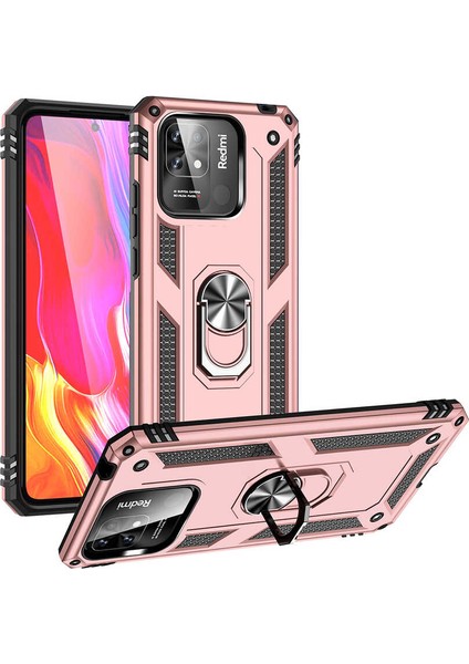 Xiaomi Poco C40 Kapak Military Yüzüklü Stantlı Panzer Tank Kılıf - Rose Gold