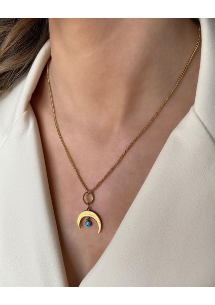 Çelik Nazar Boncuklu Ters Ay Kolye 45 cm Gold