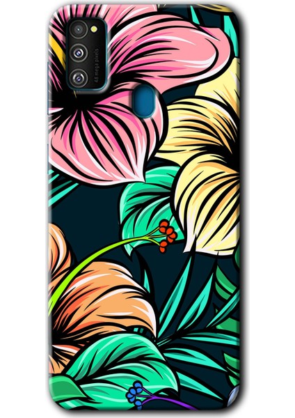 Samsung Galaxy M30S Kılıf Hd Desen Baskılı Arka Kapak + Temperli Cam - Çizim Çiçekler