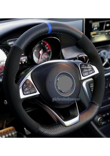 Opel Astra H Alkantra-Karbon Mavi Yüzüklü Direksiyon Kılıf