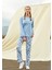 Kadın Mavi Yazı Baskılı Çiçek Desenli Uzun Kol T-Shirt Pijama Takımı 4093 1
