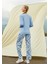 Kadın Mavi Yazı Baskılı Çiçek Desenli Uzun Kol T-Shirt Pijama Takımı 4093 2