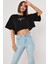Minimalıst Basıkılı Siyah Oversize Crop T-Shırt 2