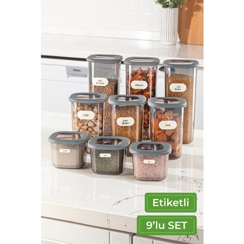 Vienev Etiketli Kare Erzak Saklama Kabı 9'lu Set 3x(0,55 Litre, 1,2 Litre, 1,75 Litre) Antrasit