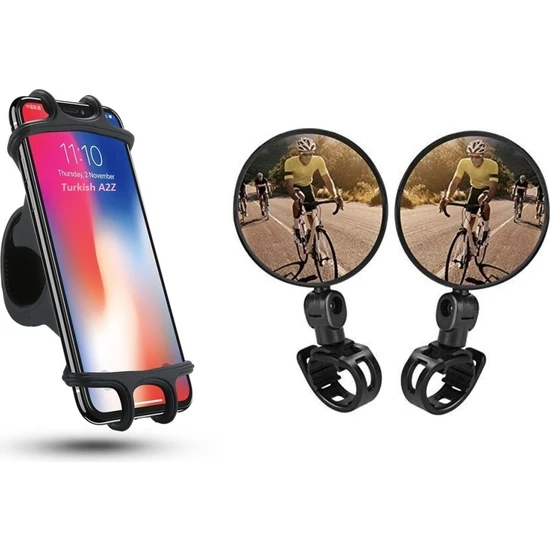 Greathings 360° Bisiklet Scooter Telefon Tutucu ve 2 Adet Geniş Açılı 360° Dönebilen Dikiz Aynası