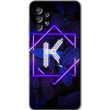 Bera Aksesuar Samsung Galaxy A32 4g Kılıf Hd Desen Baskılı Arka Kapak + Temperli Cam - Dark Neon Yaprak K Harfi