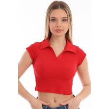 Belifanti Collection Kadın Kırmızı Polo Yaka Crop Top