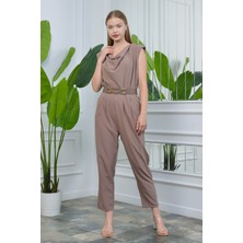 Neşeli Butik Vizon Kadın Vatkalı Kemer Detaylı Sıfır Kol Cepli Tulum NB10051