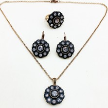 Aşina Gümüş - Elmas Montur Papatya Kolye Küpe Yüzük Set Swarovski Taşlı * Sevgiliye Hediye