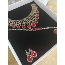 Aşina Gümüş - Yakut Swarovski Taşlı Elmas Montür Gerdanlık Küpe Yüzük Bileklik Set Sevgiliye Hediye