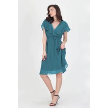 Neşeli Butik Kadın Petrol Mavisi Melek Kol Kruvaze Yaka Şifon Elbise NB8081