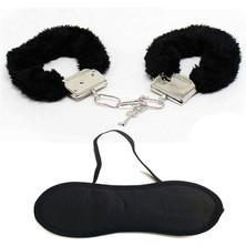 Exotic Home Siyah Renk Tüylü Otrişli Anahtarlı Peluş Kelepçe ve Siyah Uyku Bandı Seti