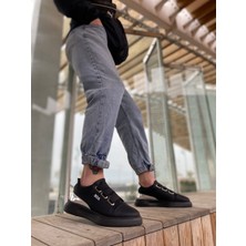BA0329 3 Bant Siyah Tabanlı Gümüş Detaylı Kalın Taban Casual Erkek Ayakkabı