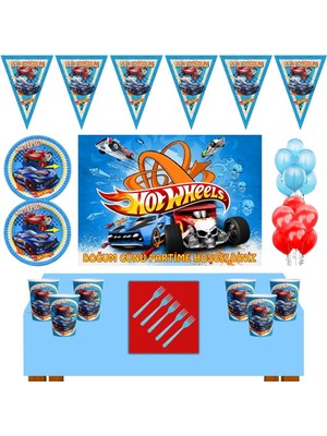 Hot Wheels Doğum Günü 8 Kişilik 70X100 cm Afişli Hot Wheels  Parti Malzemeleri Seti