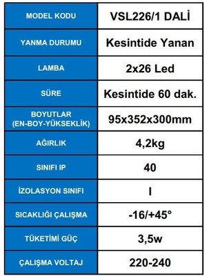 Arsel Dali Versalite LED VSL226/1 Acil Aydınlatma Armatürü Kesintide 60 Dak. Yanan 2X1000 Lümen