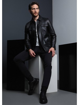 Ramsey Siyah Regular Fit Gömlek Yaka Casual Deri Deri Mont