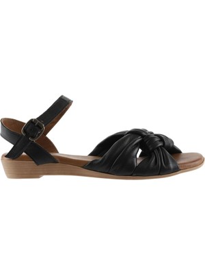 Bueno Shoes Siyah Khv-Bej Deri Kadın Düz Sandalet